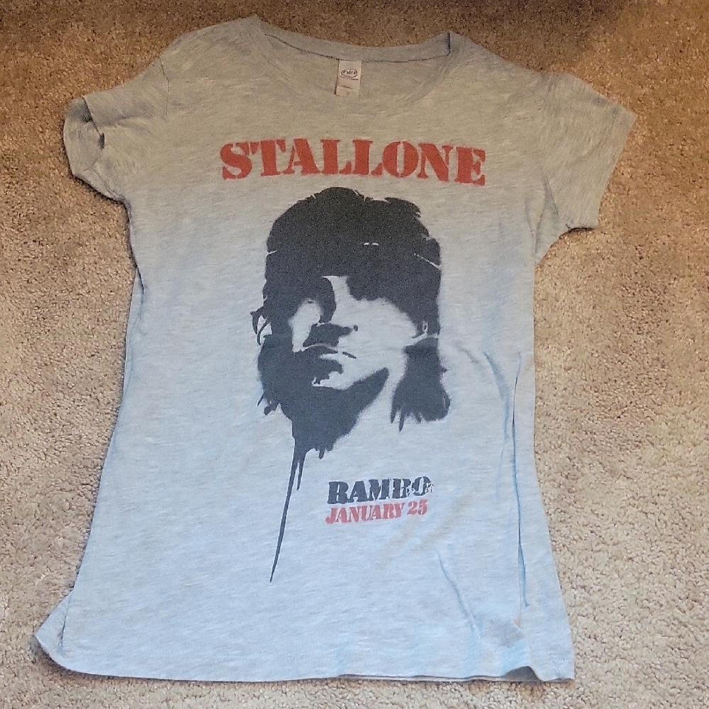Vintage Stallone Rambo Gray Graphic T-Shirt with Red and Black Print